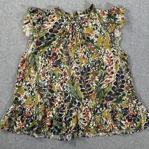 Jodifl High Neck Flutter Sleeve Blouse Women's Large Green Floral Ruffle Hem